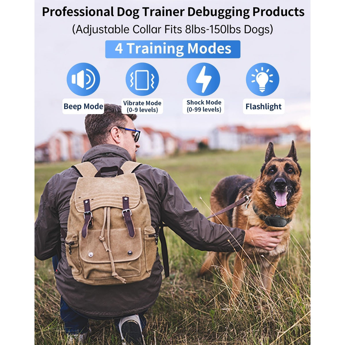 Dog Shock Collar with Remote Control - Rechargeable Dog Training Collar, IPX7 Waterproof E Collar for Dogs with 4 Safe Modes Flashlight Beep Vibration Shock Ideal for All Dog Sizes (8-150lbs)