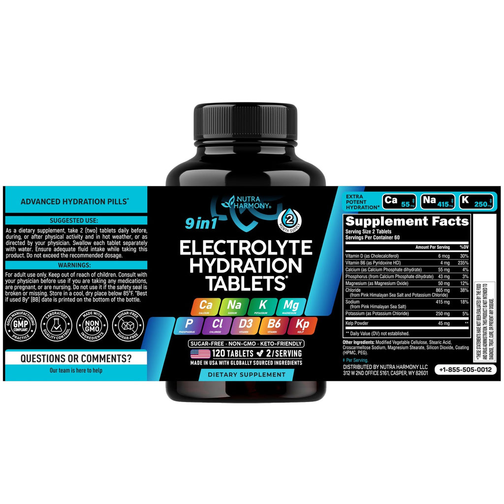 Electrolyte Tablets with Magnesium, Sodium, Potassium, Chloride - 120 Tabs | Electrolytes Salt Pills with Kelp Powder, Vitamins D3 & B6 - Vegan & Keto Friendly Oral Tablets as Capsules - Lab Tested