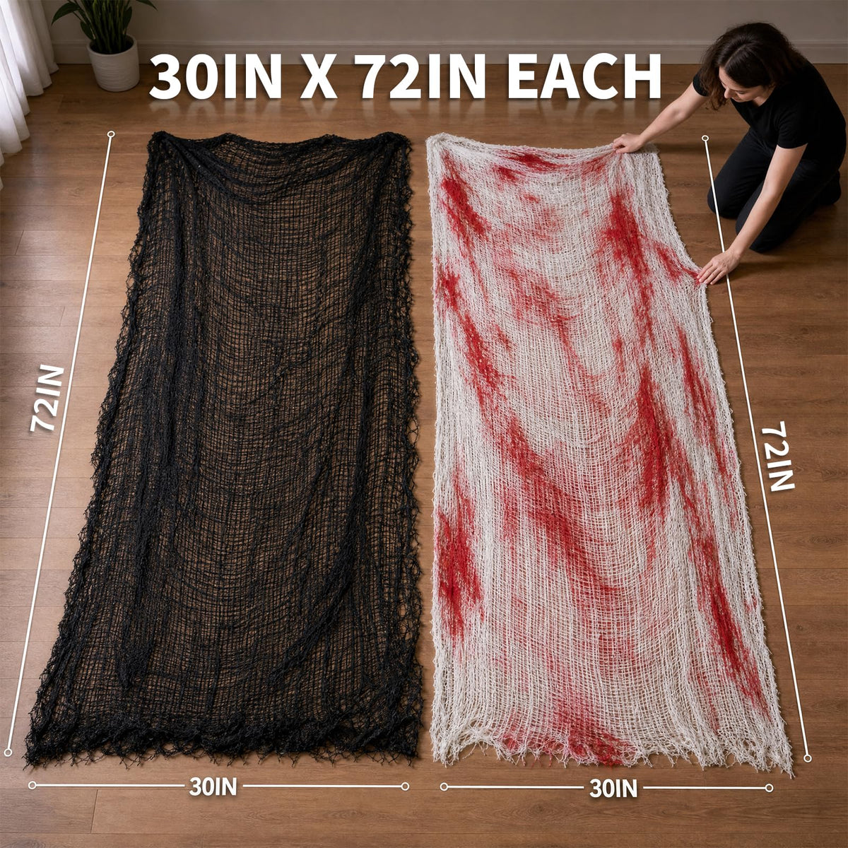 6Pcs Halloween Creepy Cloth 30×72inch, Scary Halloween Fabric Gauze, 2Pcs Blood 4Pcs Black Creepy Cloth for Yard, Doorway, Haunted House Party