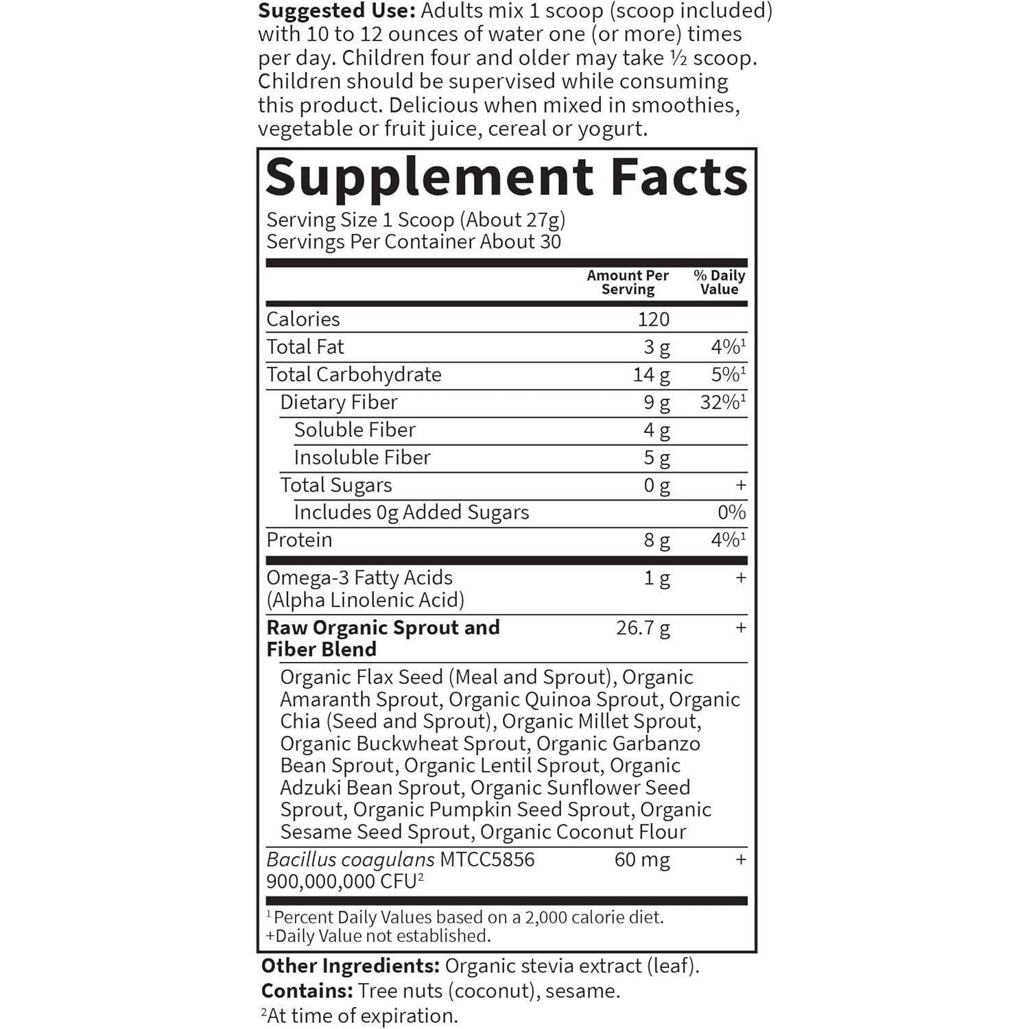 Buy now Garden of Life Raw Organic Fiber Powder, 30 Servings, 15 Organic Superfoods, Probiotics, Omega-3 ALA, 4g Soluble Fiber, 5g Insoluble for Regularity, Psyllium Husk Free at indiglob india