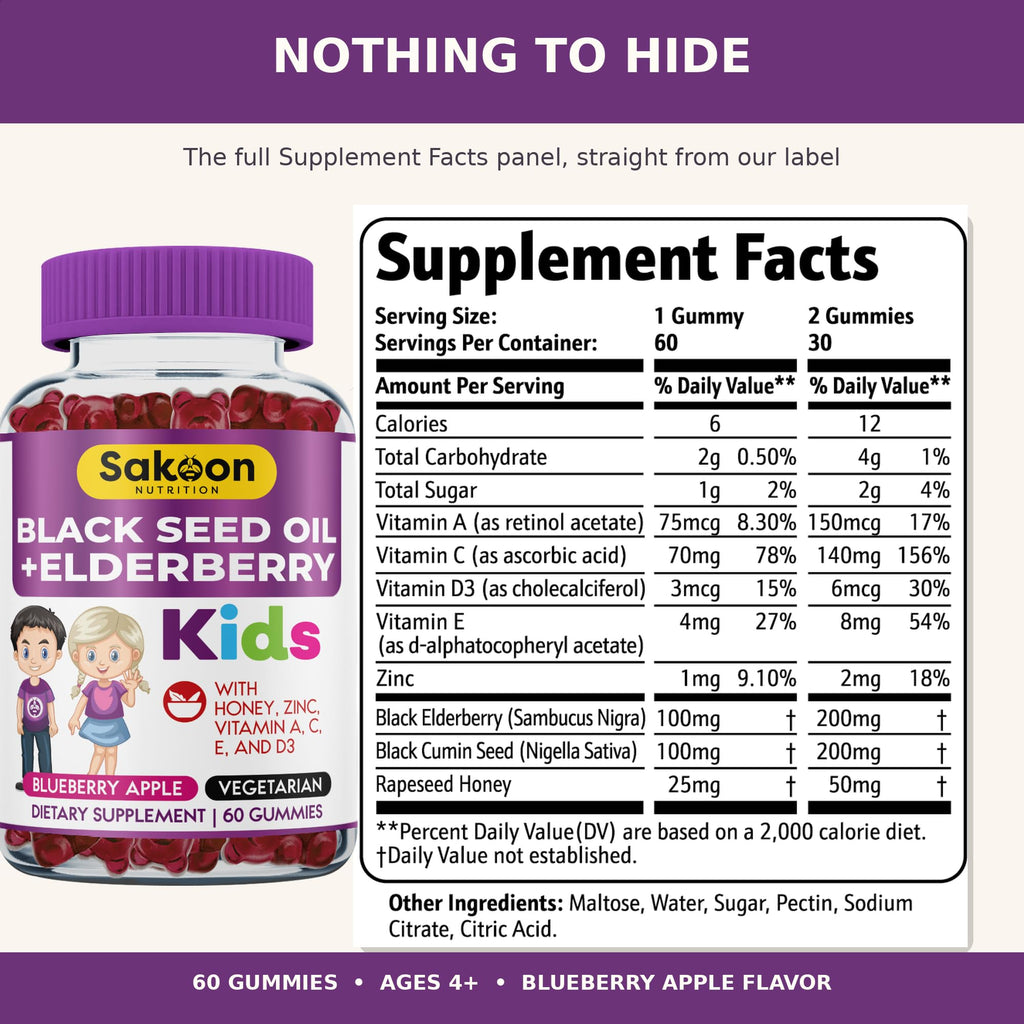 Sakoon nutrition Elderberry Gummies for Kids with Black Seed Oil, Immune Support, with Vitamin C and Zinc, Delicious Berry Flavor, 60 Gummies