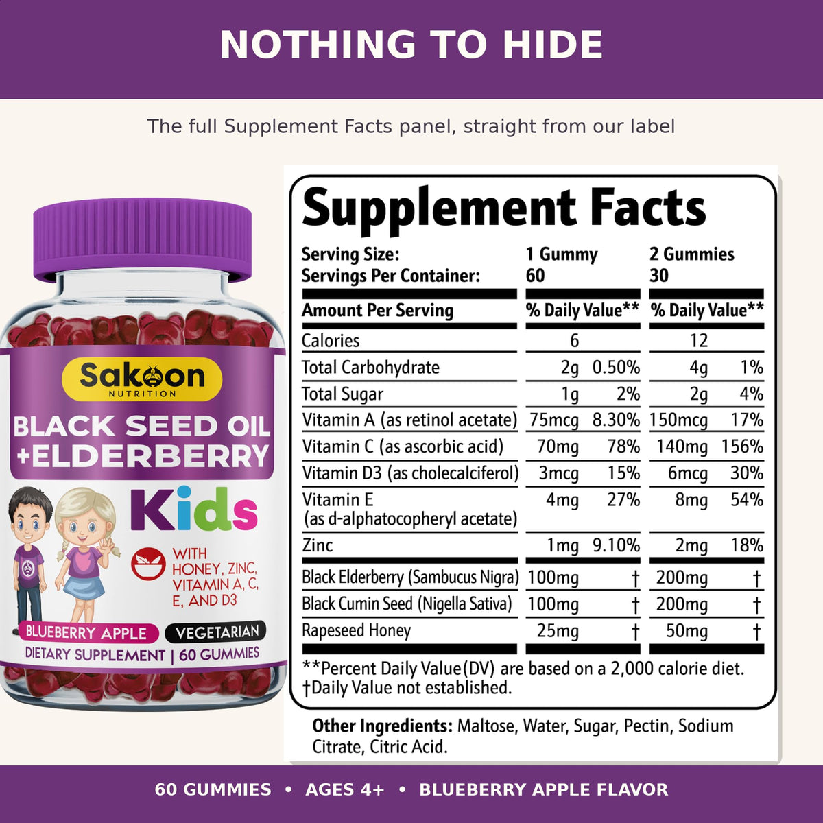 Sakoon nutrition Elderberry Gummies for Kids with Black Seed Oil, Immune Support, with Vitamin C and Zinc, Delicious Berry Flavor, 60 Gummies