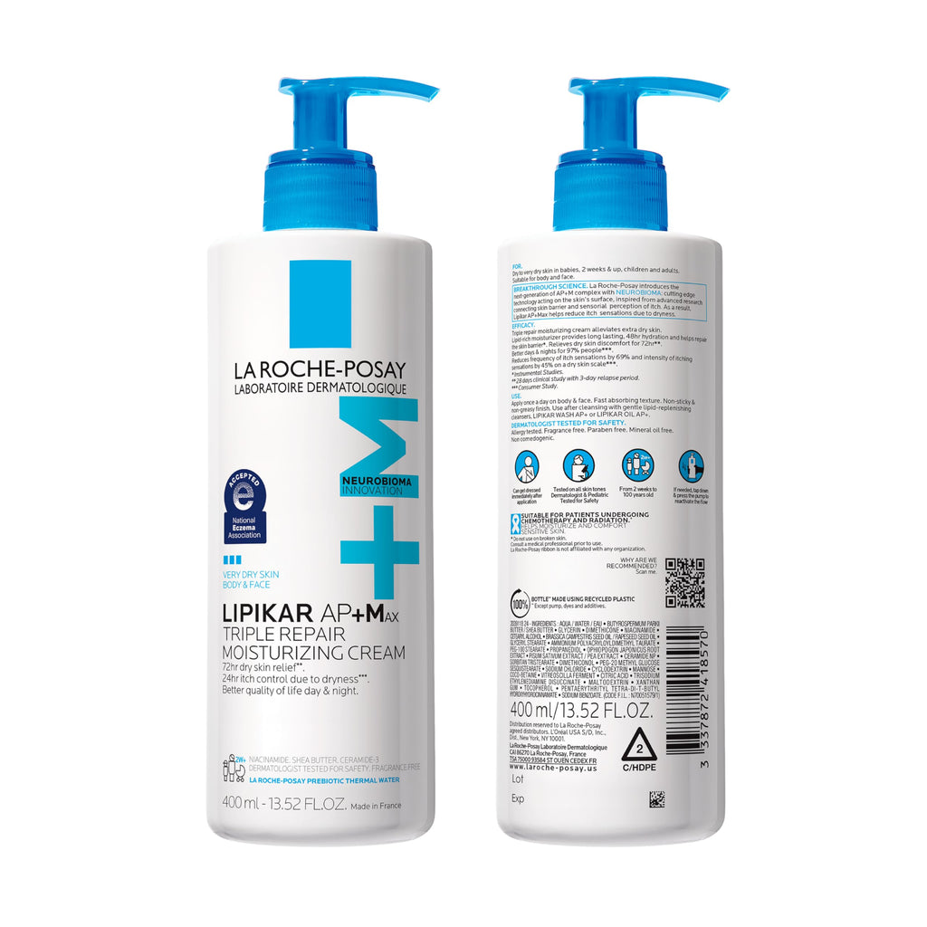 La Roche-Posay Lipikar AP+Max Triple Repair Moisturizing Body Cream,13.52oz | Face and body lotion for dry skin with shea butter and niacinamide to help moisturize and support the skin barrier.