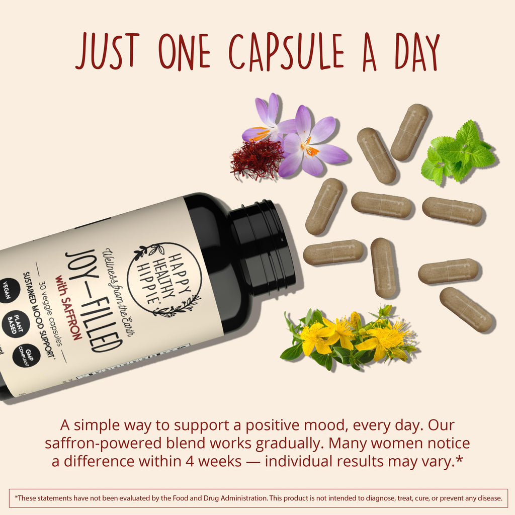 Joy-Filled with Saffron Mood Support Supplement — Daily Mood Support with 30mg Extract + Ashwagandha, Rhodiola, St. John's Wort, Lemon Balm | Saffron Supplements for Emotional Support, Vegan, 30 Ct
