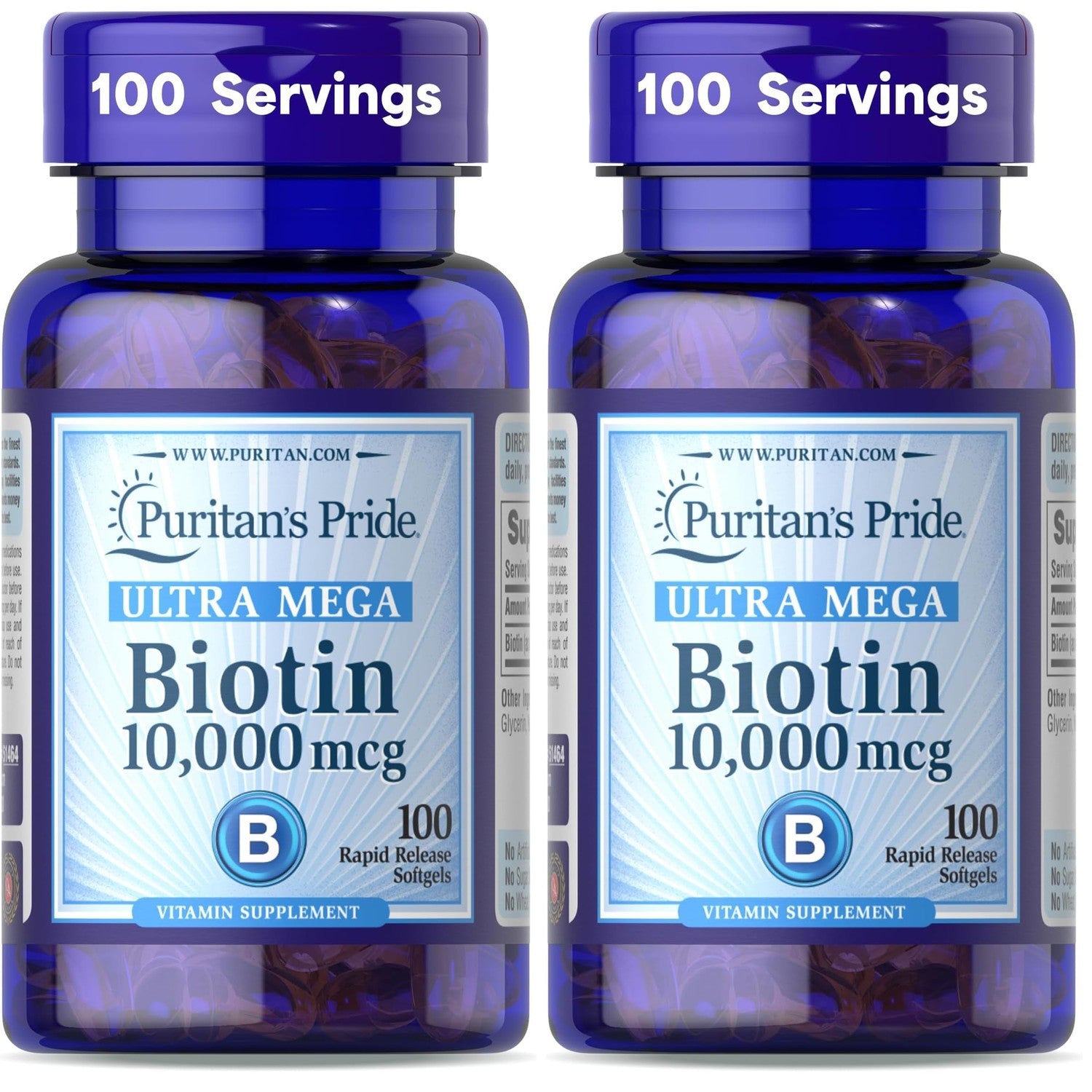 Puritan's Pride Premium Ultra Mega Biotin 10,000mcg, 100 Softgels