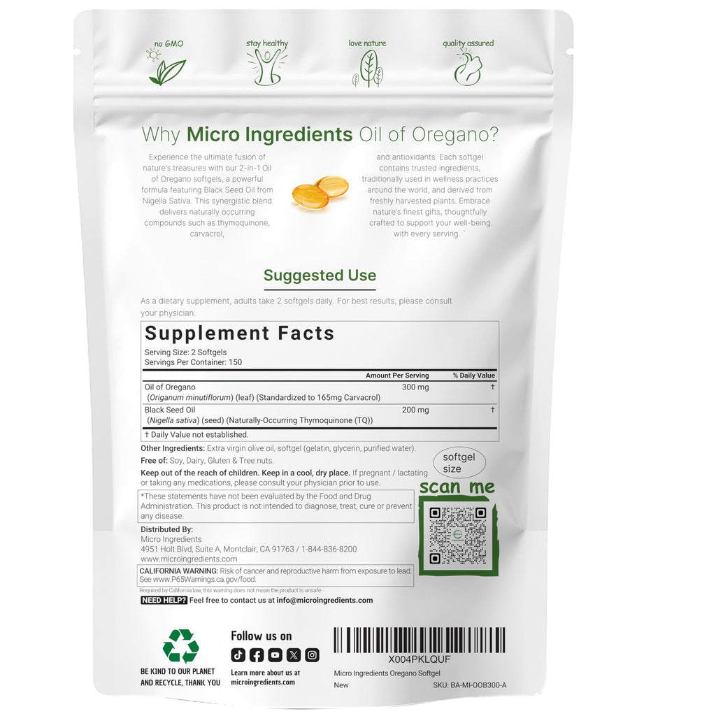 Micro Ingredients Oil of Oregano with Black Seed Oil, 300 Softgels | Naturally Occurring Carvacrol & Thymoquinone. 2-in-1 Oregano Oil Supplement. Non-GMO, Gluten Free, 3rd Party Tested.