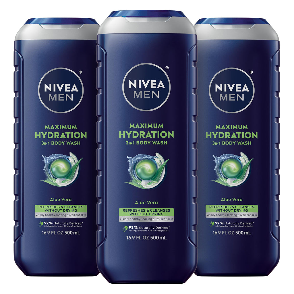 Buy now NIVEA MEN Maximum Hydration Body Wash for Dry Skin, Aloe Vera Enriched, 3-in-1 Moisturizing Body Wash, Face and Hair, Paraben Free, Vegan Formula, 16.9 Fl Oz Bottle, Pack of 3 16.9 Fl Oz (Pack of 3) at indiglob india