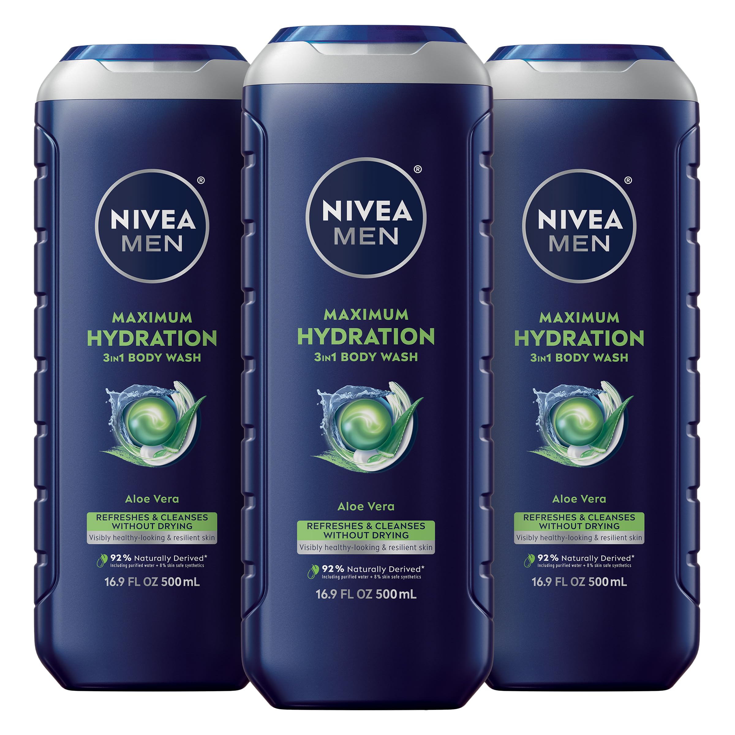 Buy now NIVEA MEN Maximum Hydration Body Wash for Dry Skin, Aloe Vera Enriched, 3-in-1 Moisturizing Body Wash, Face and Hair, Paraben Free, Vegan Formula, 16.9 Fl Oz Bottle, Pack of 3 16.9 Fl Oz (Pack of 3) at indiglob india