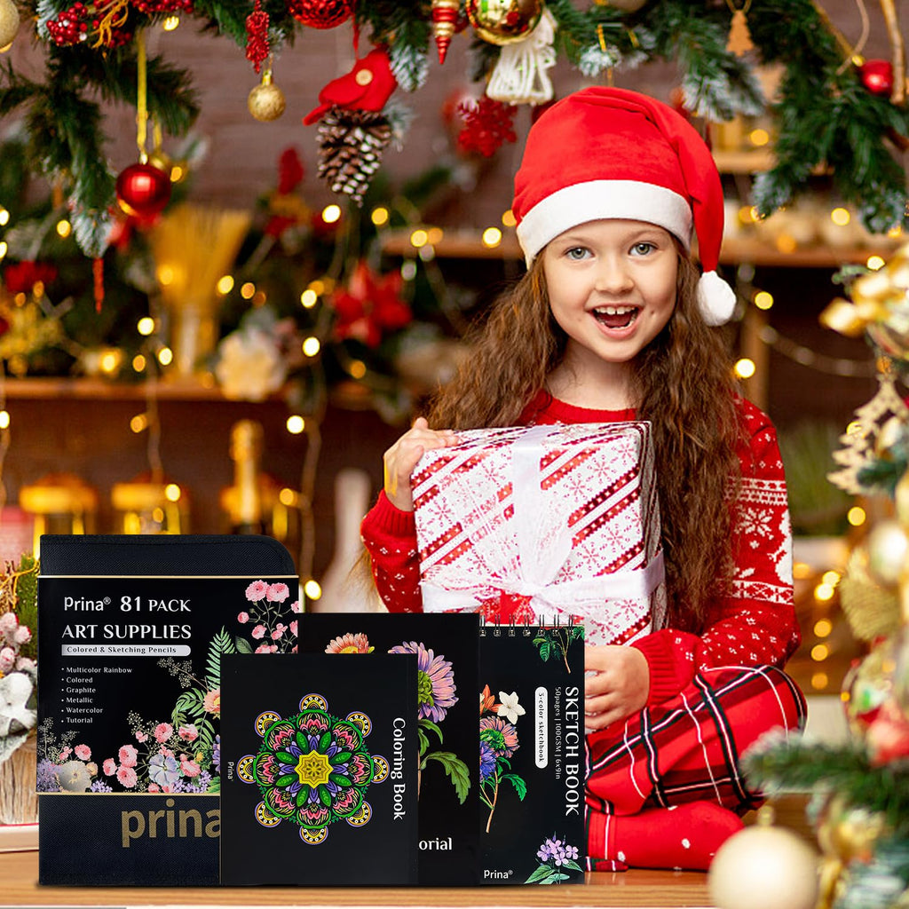 PRINA 81 Drawing Set Sketching Kit, Pro Sketch Pencils Art Supplies with Rainbow, Colored, Graphite, Watercolor, Metallic, Charcoal Pencil, Sketchbook, Coloring Book, Gift Case for Artists Adults Kids