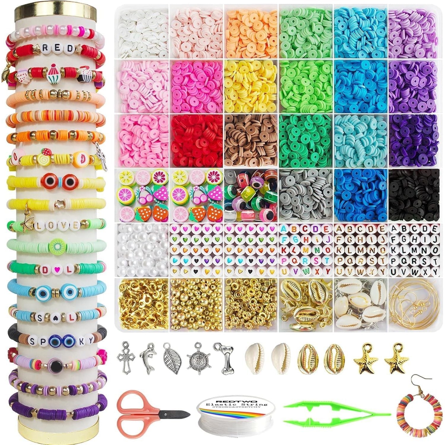 Buy now Redtwo 6200 Pcs Clay Beads Bracelet Making Kit, Flat Round Polymer Heishi Friendship Bracelet Jewelry Kit with Charms and Elastic Strings for Girls 8-12 Gifts for Kids at indiglob india