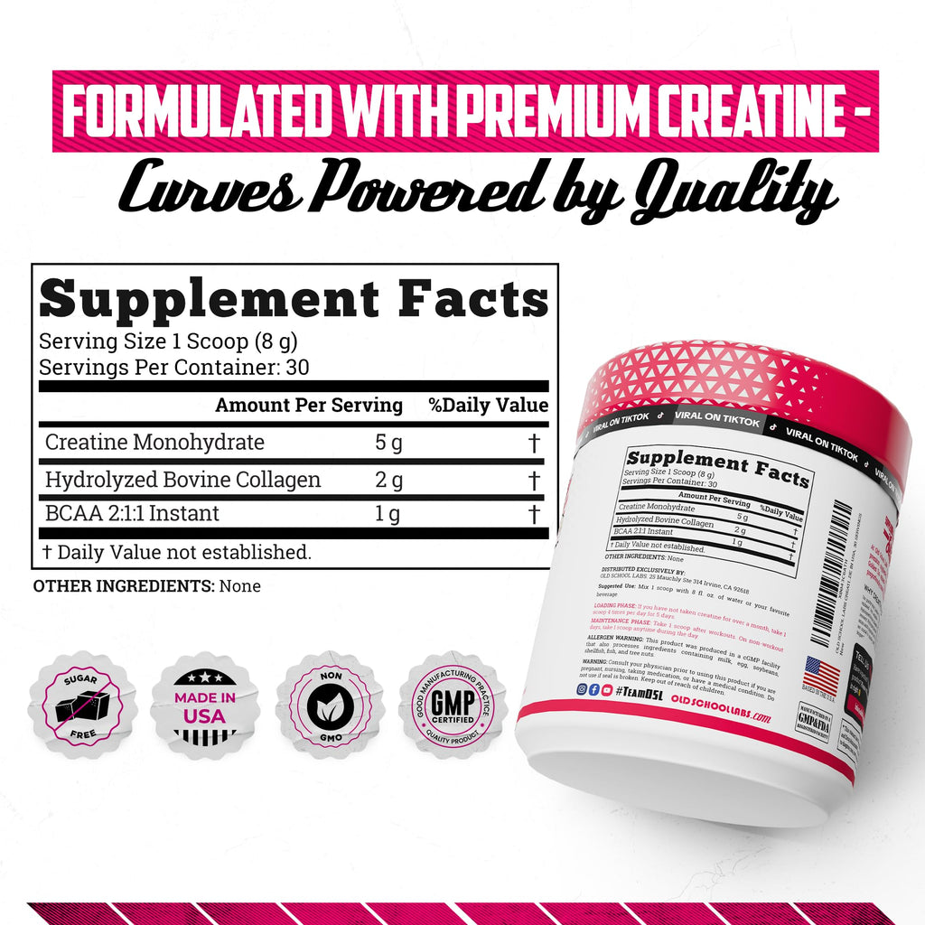 Old School Labs Creatine for Women with Collagen and BCAA, Unflavored | Post-Workout Supplement with 5g Creatine Monohydrate Powder, 2g Collagen & BCAA for Strength & Recovery