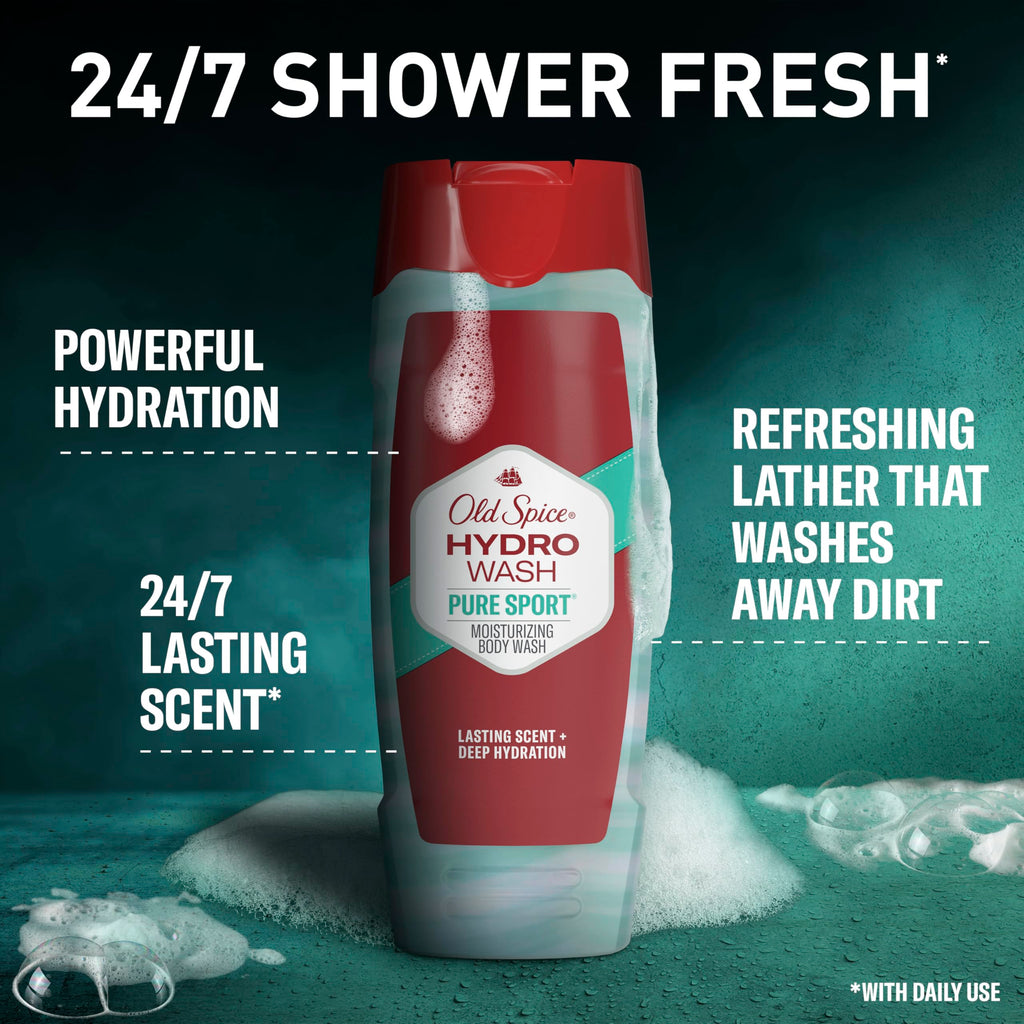 Old Spice Moisturizing Body Wash for Men, Hydro Wash, 2-in-1 Long Lasting Scent & Powerful Hydration to Fight Dry Skin, 24/7 Shower Fresh, Pure Sport Scent, 16 oz (Pack of 4)