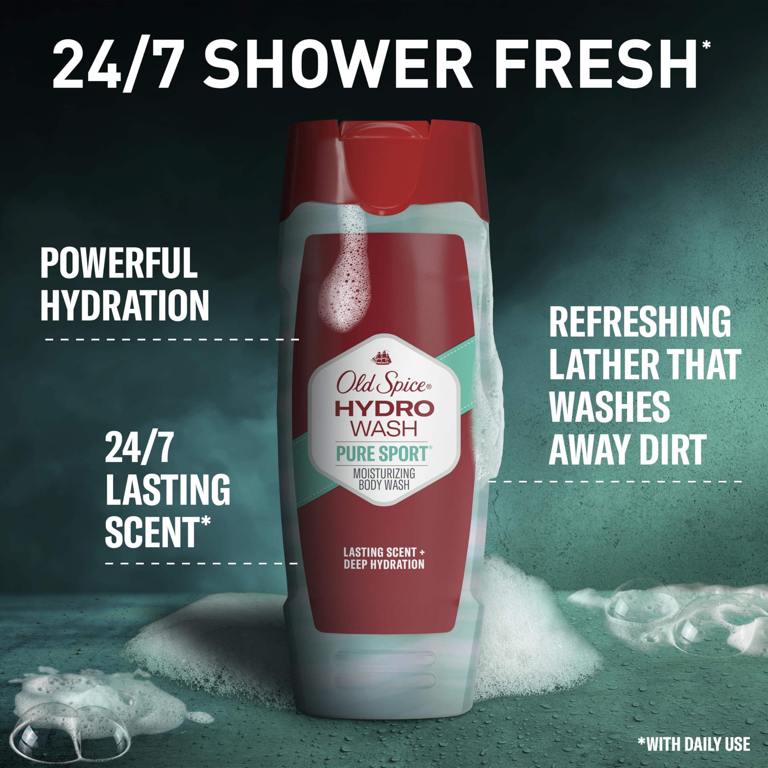 Old Spice Moisturizing Body Wash for Men, Hydro Wash, 2-in-1 Long Lasting Scent & Powerful Hydration to Fight Dry Skin, 24/7 Shower Fresh, Pure Sport Scent, 16 oz (Pack of 4)