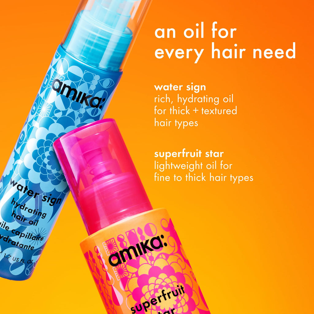 amika superfruit star lightweight hair styling + heat defense oil | heat protection, strengthen + reduce breakage, smooth frizz, add glossy shine | for all hair types