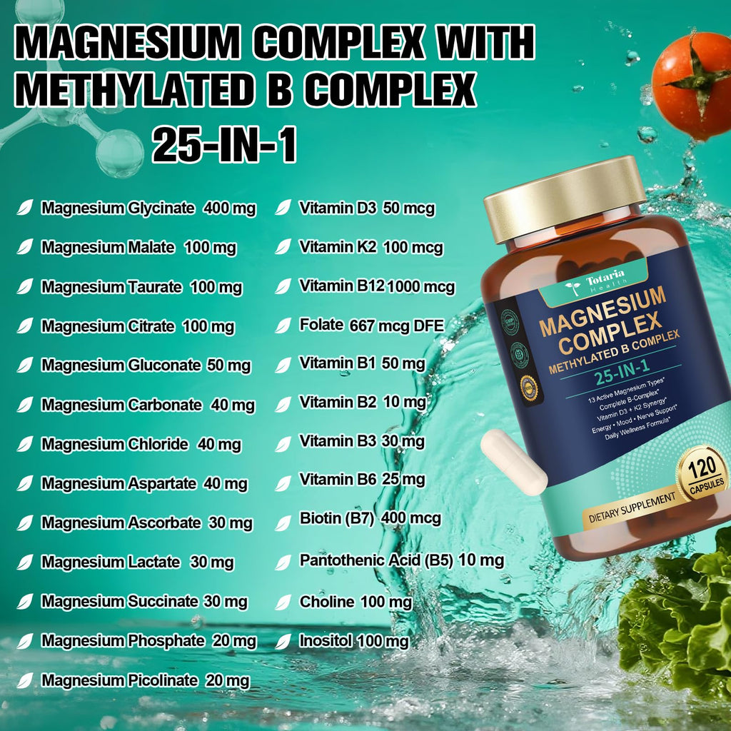 25-in-1 Magnesium Complex with Methylated B Complex, 1000mg Magnesium Complex for Women & Men with Magnesium Glycinate 400mg, 120 Vegan Capsules per Bottle, 2 Bottles