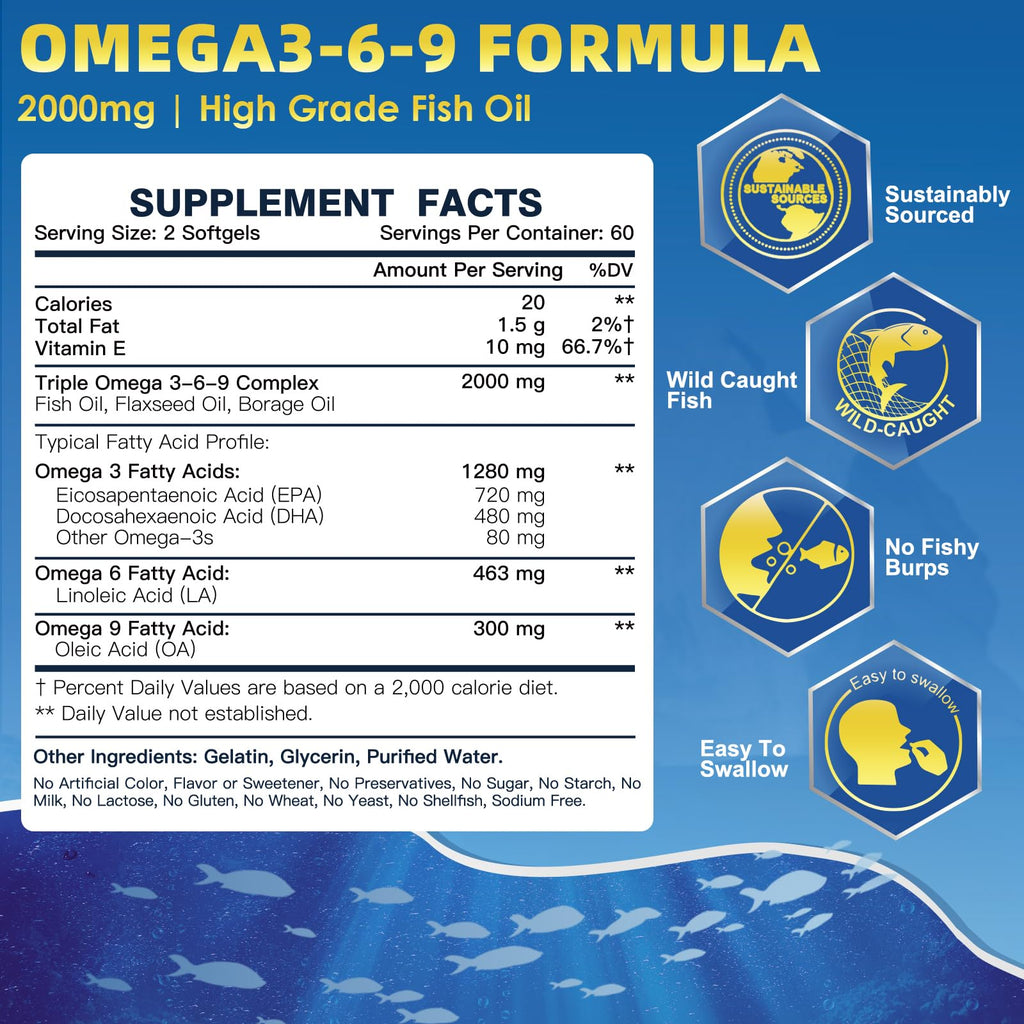 DRFOSTER Triple Omega 3-6-9 Fish Oil 2000mg with Vitamin E, 120 Softgels