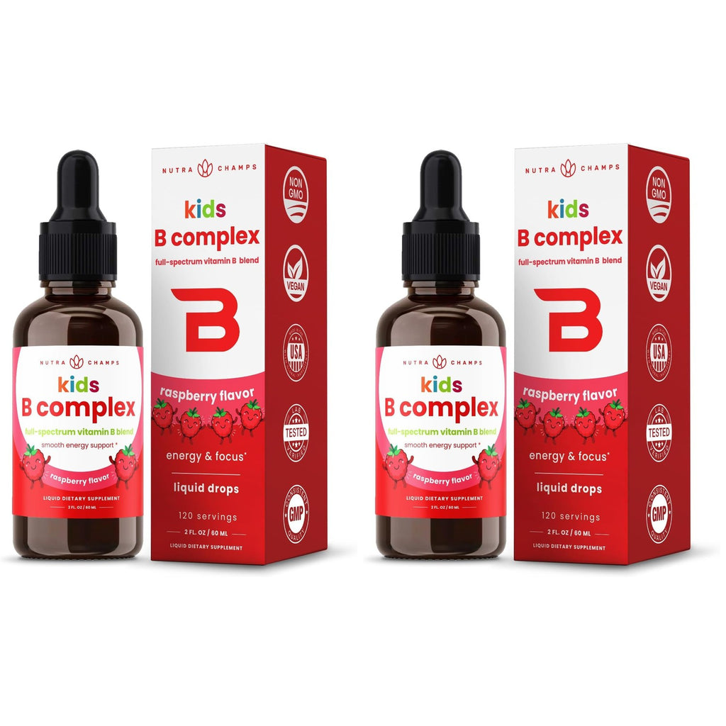 NutraChamps Organic Vitamin B Complex for Kids, B1, B2, B3, B6, B7, B9 & Methyl B12, Kids B Complex Liquid Drops Supplement, Energy, Focus, Metabolism, Natural Berry, 120 Servings, 4 Month Supply