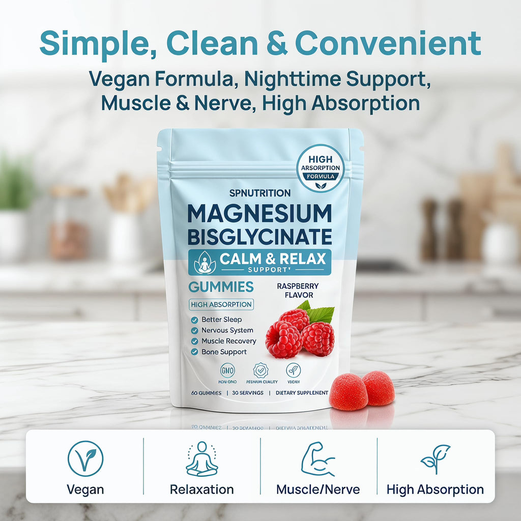Magnesium Bisglycinate Gummies, 400mg Magnesium Bisglycinate Chelate with Sea Salt & Raspberry Powder, Supports Sleep, Nerve & Muscle Relaxation, Bone Health Support, Vegan, 60 Gummies (1)