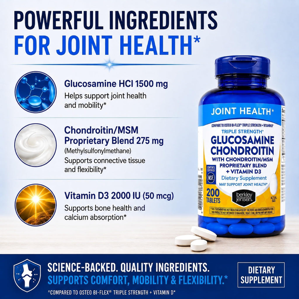 Berkley Jensen Glucosamine Chondroitin Triple Strength Complex with MSM and D3 Joint Supplement Tablets for Joint Support and Cartilages, NSF Certified, 200 Count (Pack of 1)
