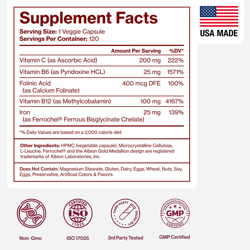 Iron Supplement for Women, Gentle Iron Bisglycinate 25mg, 120 Count | With vitamin C, B6, B12 & folic acid; supports iron deficiency, menstrual health & energy; gentle on the stomach