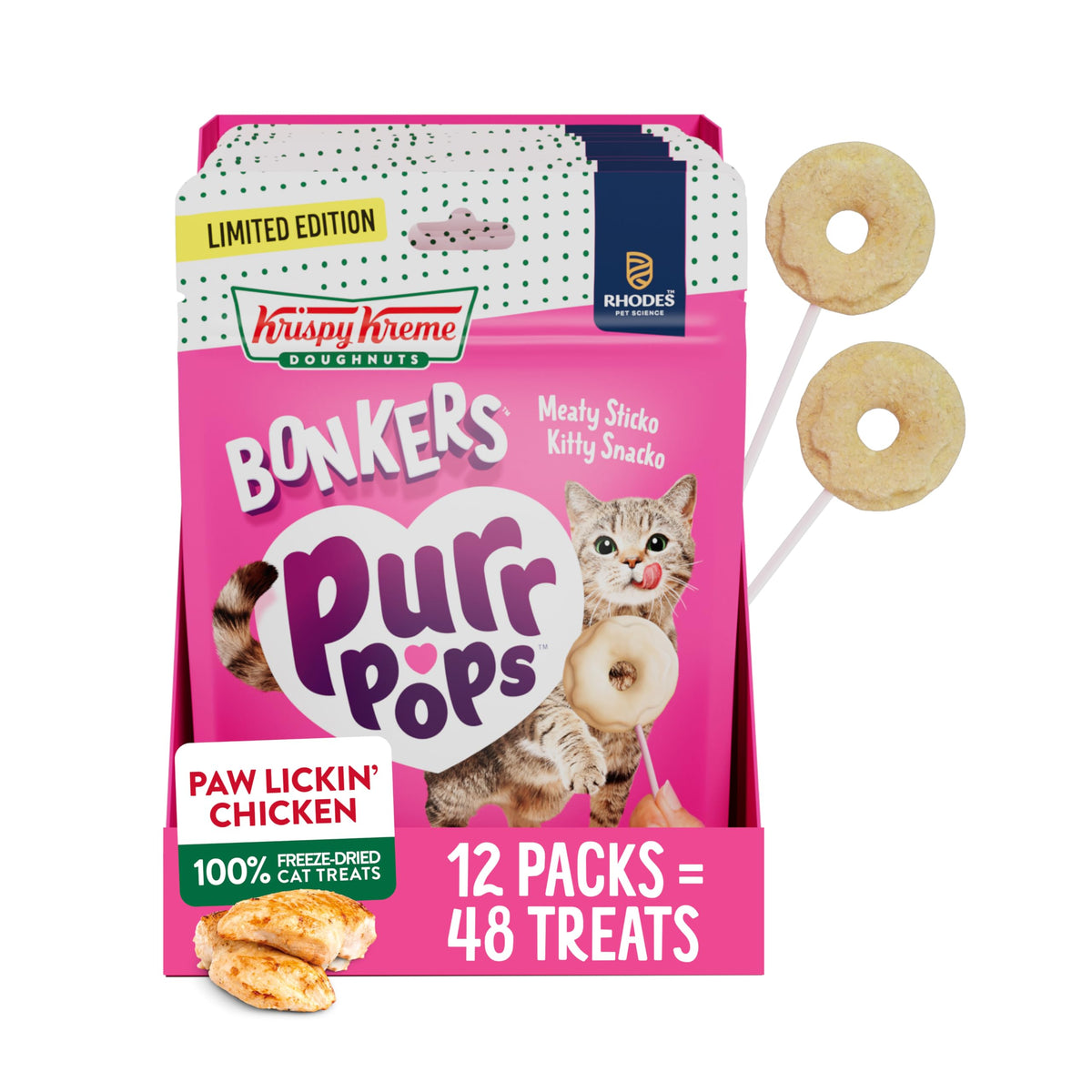 Bonkers Purrpops Krispy Kreme Edition Freeze-Dried Chicken Flavored Lollipop Cat Treats, 4 Pieces (Pack of 12)