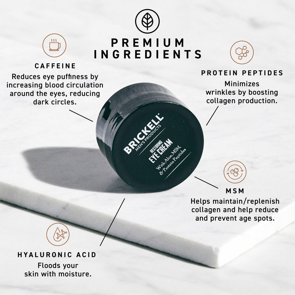 Brickell Men's Restoring Under Eye Cream for Men, Anti Aging Eye Balm To Reduce Puffiness, Wrinkles, Dark Circles, Crows Feet & Eye Bags, Caffeine, Hyaluronic Acid & Protein Peptides, 0.5oz, Unscented