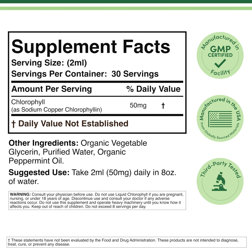 Liquid Chlorophyll Drops, Gut Health + Clear Skin, Peppermint Flavored, 2oz | Supports Digestion, Immunity, Detoxification + Clear Skin, Mulberry-Derived Chlorophyll, Mixes Clean, Nearly Tasteless, Vegan