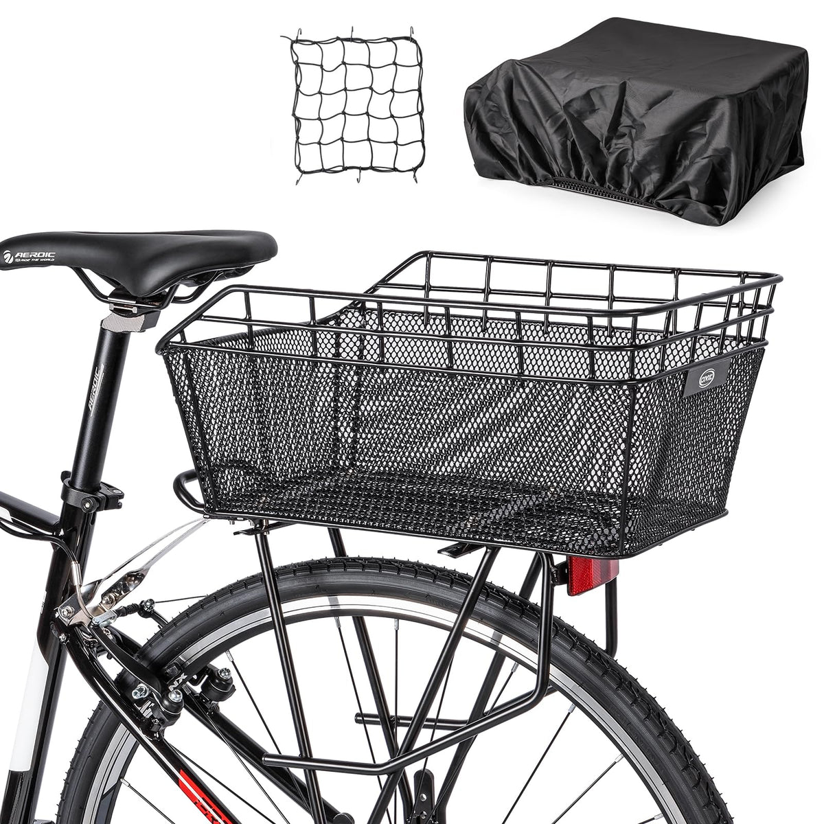 Rear Bike Basket - Bicycle Rear Basket with Cargo Net and Waterproof Cover
