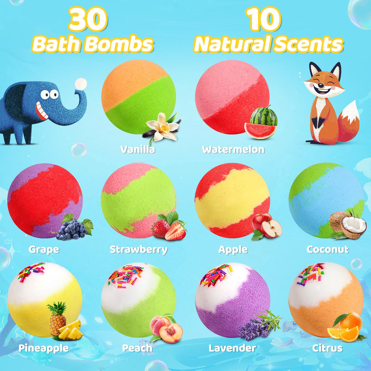 30 Pack Bath Bombs for Kids with Toys Inside, Kids Bath Bombs Gift Set with 30 Sea & Land & Sky Animal Surprise Toy, Child-Safe Natural Bubble Bath Toys, Birthday Gifts for Kids Boys Girls