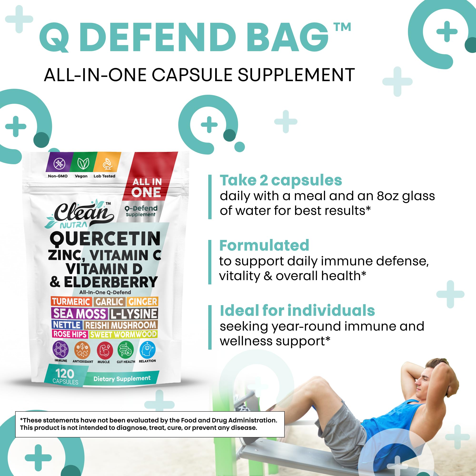 Q Defend Quercetin Supplement with Zinc Vitamin C Vitamin D Elderberry Turmeric Black Pepper Garlic Ginger Sea Moss Lysine Stinging Nettle Reishi Mushroom Immune Support 120 Capsules by Clean Nutra