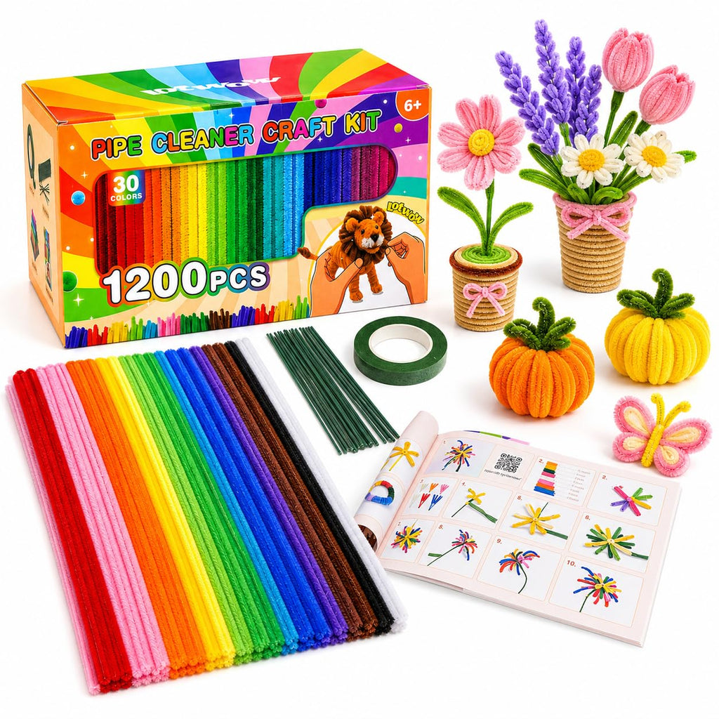LOTWOW 1200PCS 30 Colors Pipe Cleaners Bulk, Thick Pipe Cleaner Flower Kit