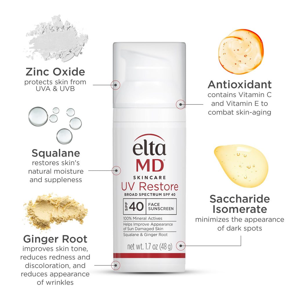 EltaMD UV Restore 100% Mineral Face Sunscreen For Mature Skin, SPF 40 | For Adults with Visible Sun Damage, Fine Lines, or Age Spots, Zinc Oxide Formula, Lightweight, Restores Skin Moisture