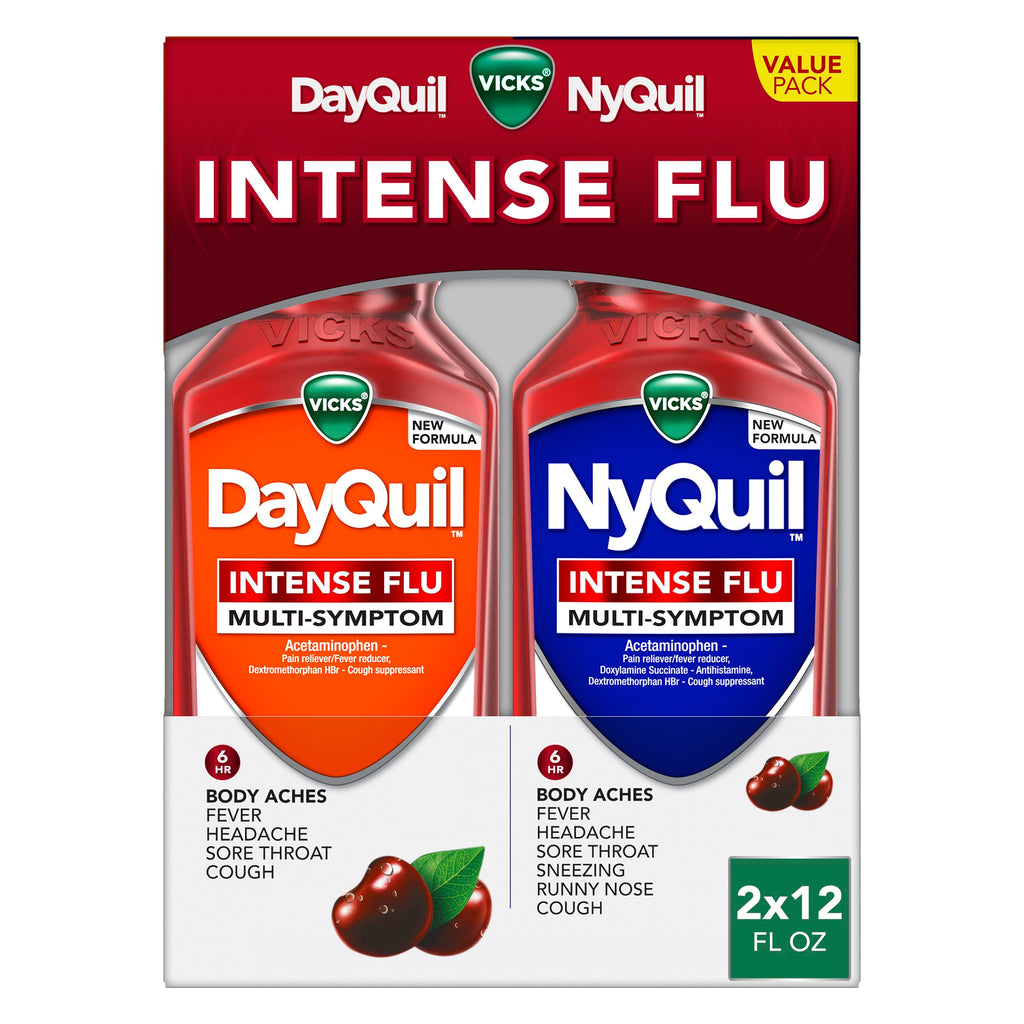 Buy now Vicks DayQuil & NyQuil Intense Flu Liquid, Value Pack, Over-The-Counter, Multi-Symptom, Powerful Relief for Body Aches, Fever, Headache, Sore Throat, and Cough, 6 Hour Relief, Cherry Flavor, 12 FL OZ at indiglob india
