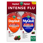 Buy now Vicks DayQuil & NyQuil Intense Flu Liquid, Value Pack, Over-The-Counter, Multi-Symptom, Powerful Relief for Body Aches, Fever, Headache, Sore Throat, and Cough, 6 Hour Relief, Cherry Flavor, 12 FL OZ at indiglob india