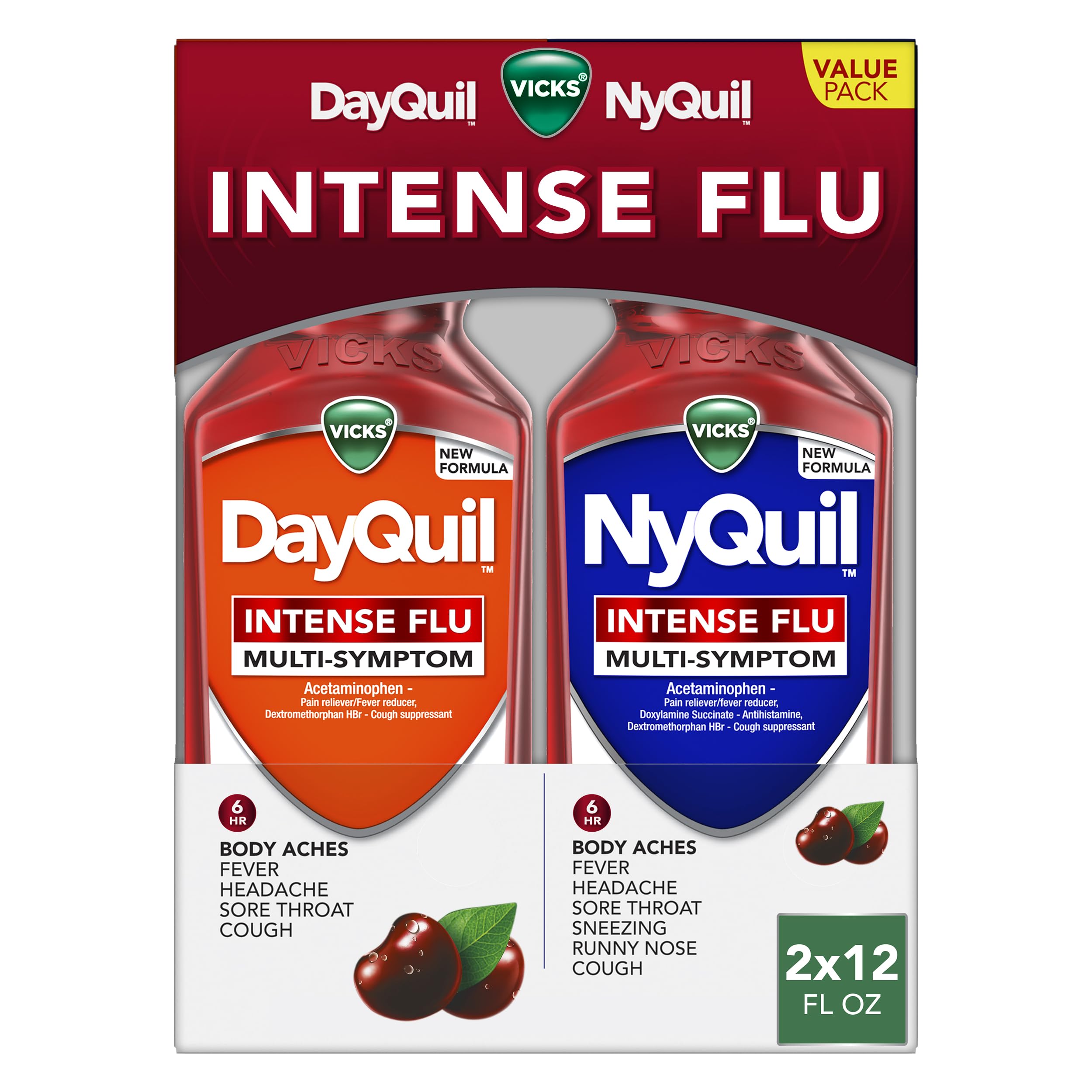 Buy now Vicks DayQuil & NyQuil Intense Flu Liquid, Value Pack, Over-The-Counter, Multi-Symptom, Powerful Relief for Body Aches, Fever, Headache, Sore Throat, and Cough, 6 Hour Relief, Cherry Flavor, 12 FL OZ at indiglob india