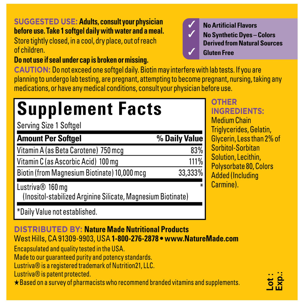 Nature Made Hair-Growth Softgels, Clinically Studied Lustriva + Biotin, Vitamin C & A, Hairs Growth Vitamins - Support Healthy Hair as You Age, 30 Softgels, 30 Day Supply, (Pack of 2)