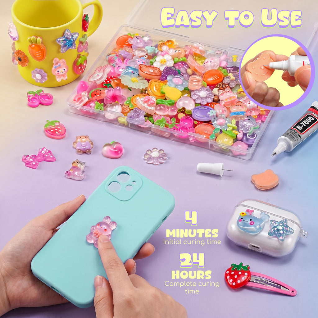 100PCS Flatback Resin Charms Kit with 2PCS Glue Cute Fruit Flower Assorted
