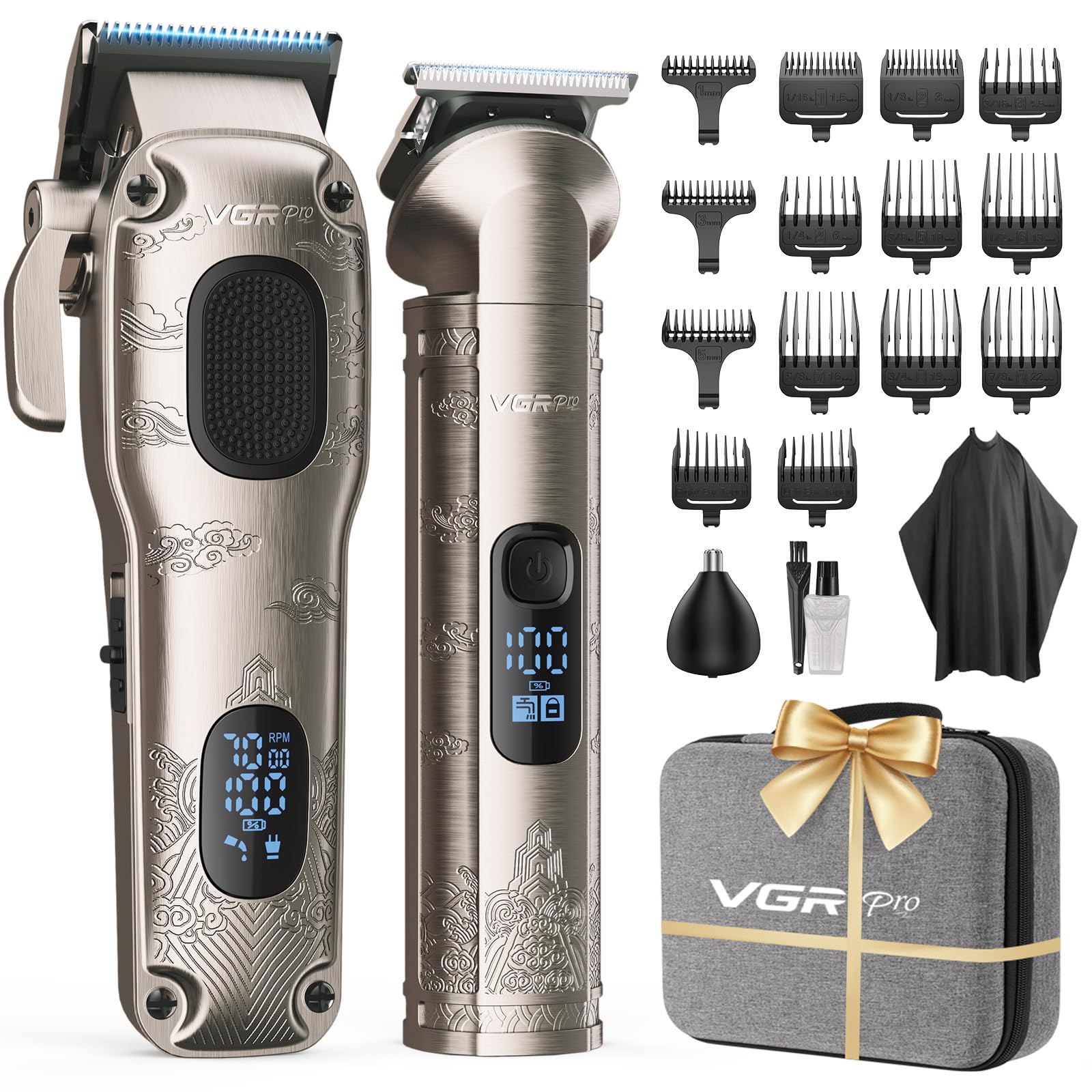 VGRPRO Hair Clippers for Men Professional, Cordless Clipper and Trimmer Set | 7000RPM Grooming Kit with EVA Case, LED display, 14 Guide Combs (including Right & Left Ear Taper Combs), Nose Trimmer Head
