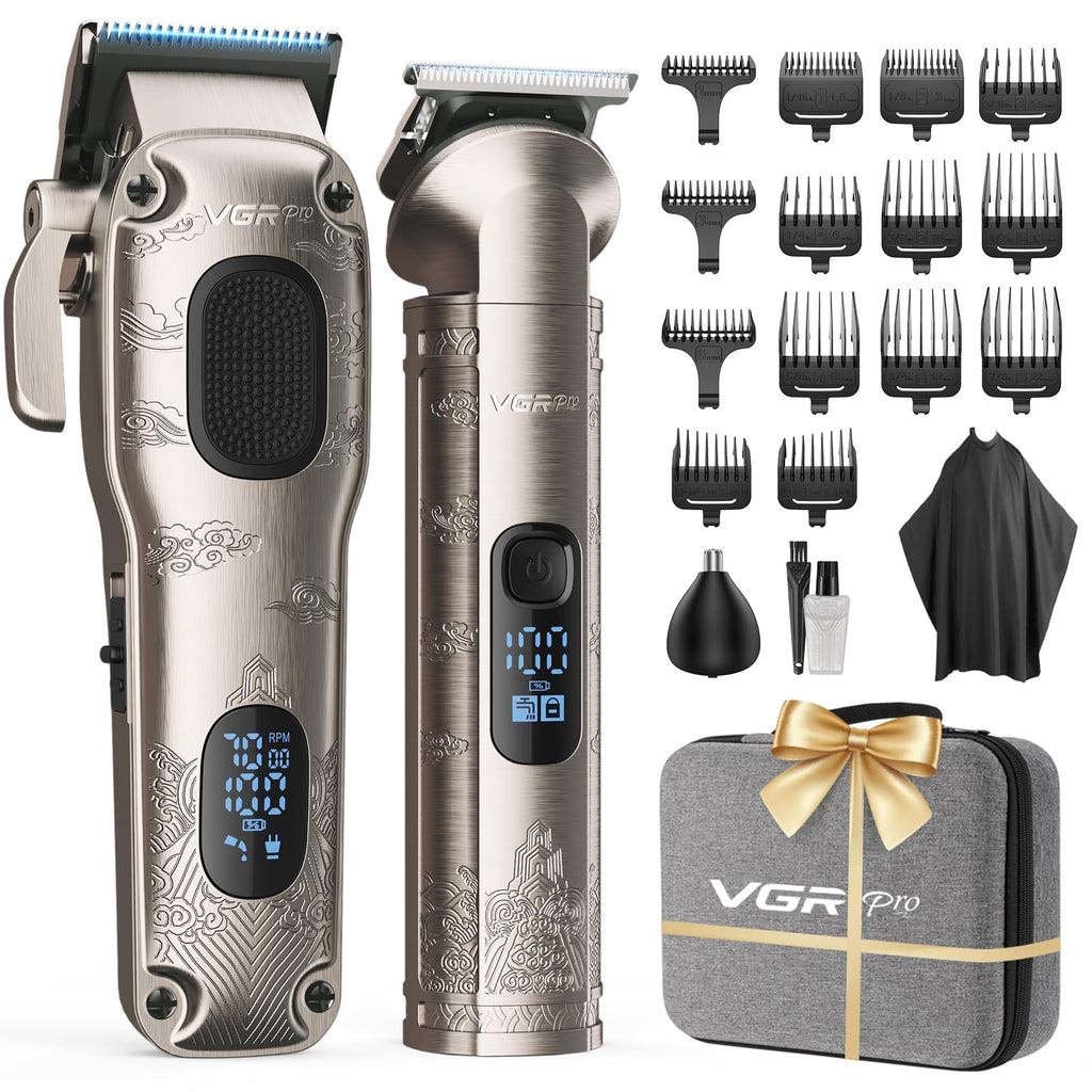 VGRPRO Hair Clippers for Men Professional, Cordless Clipper and Trimmer Set | 7000RPM Grooming Kit with EVA Case, LED display, 14 Guide Combs (including Right & Left Ear Taper Combs), Nose Trimmer Head