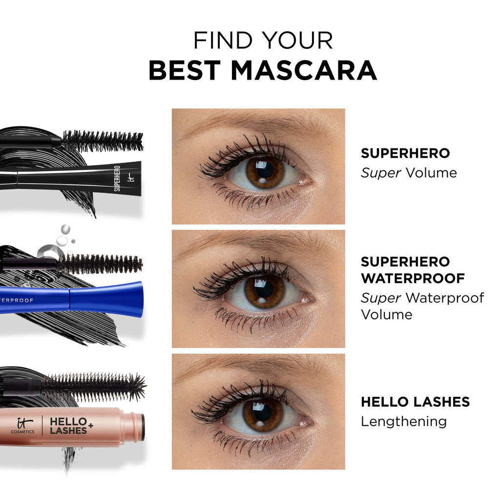 IT Cosmetics Superhero Elastic Stretch Volumizing + Lengthening Mascara | Lifting & Curling Mascara with Lash-Loving Biotin, Hydrolyzed Collagen + Peptides, Great for Sparse Short + Long Eyelashes