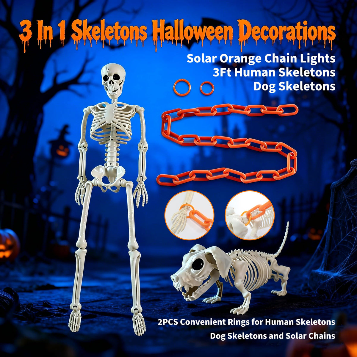 3Ft Skeleton & Dog Skeleton with Light Chain, Outdoor Halloween Decorations