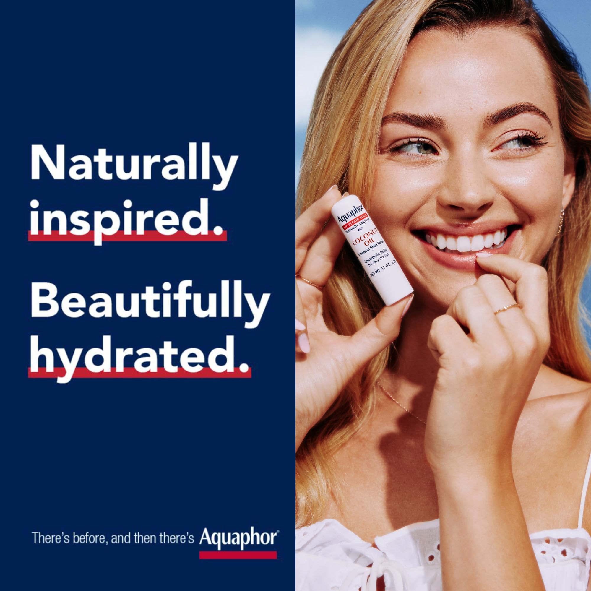 Aquaphor Naturally Inspired Lip Repair Stick with Coconut Oil, 0.17 OZ | Coconut Oil Lip Balm with Shea Butter Immediately Relieves Dryness, Dye, Preservative and Fragrance Free