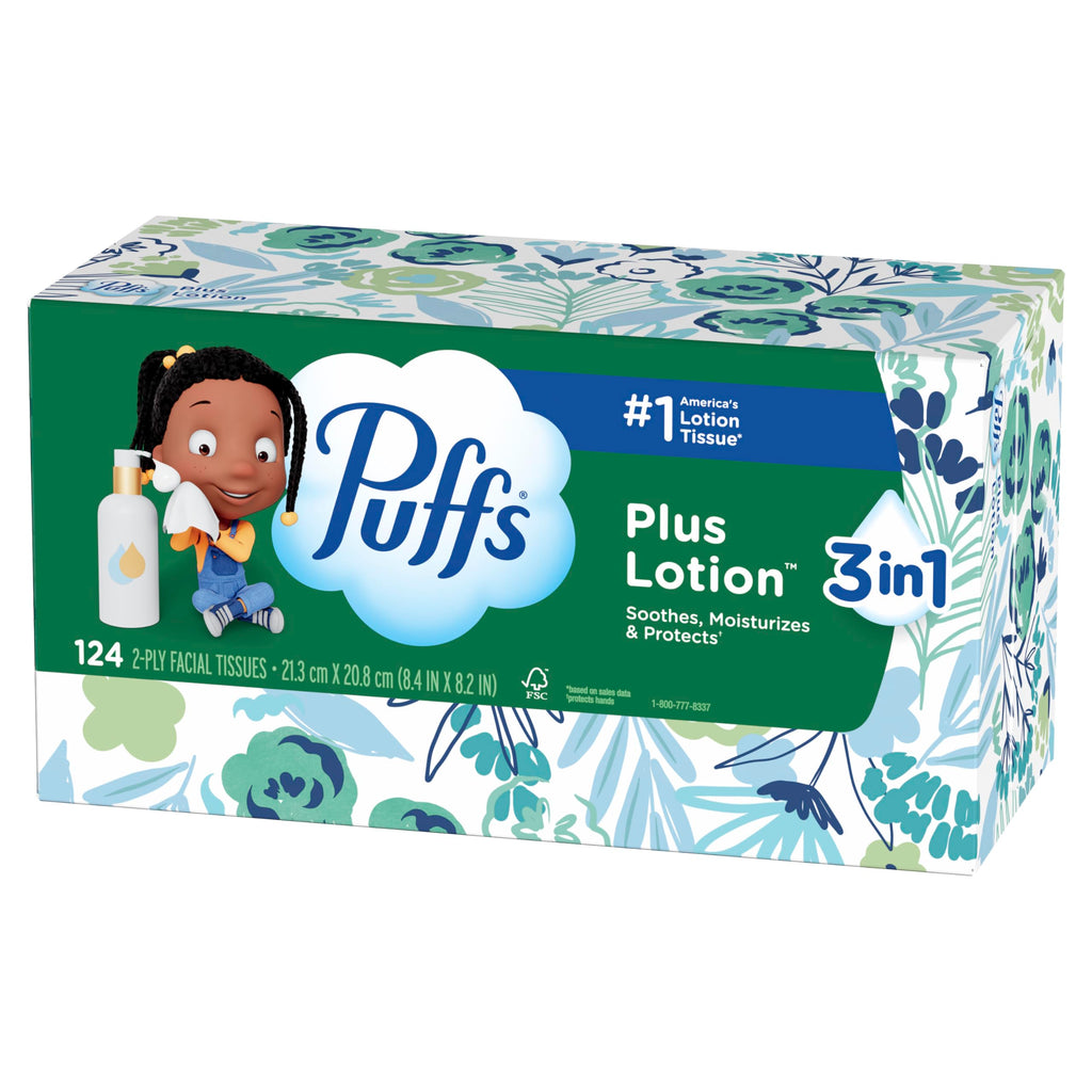 Puffs Facial Tissues Plus Lotion, 8 Family Rectangle Boxes, 124 Facial Tissues per Box, Allergies and Colds (Packaging May Vary)