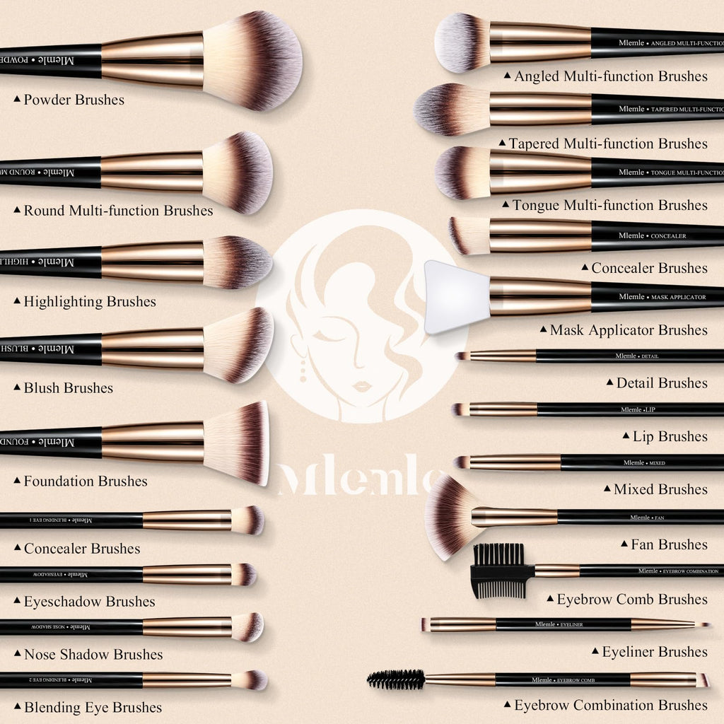 Makeup Brushes Set, Mlemle Professional 25 Pcs Makeup Kit, Include Powder Foundation Concealers Blush Eye shadows 21 Pcs Makeup Brushes and 2 Powder Puff, 2 Makeup Sponge(B02-CreamBlack)