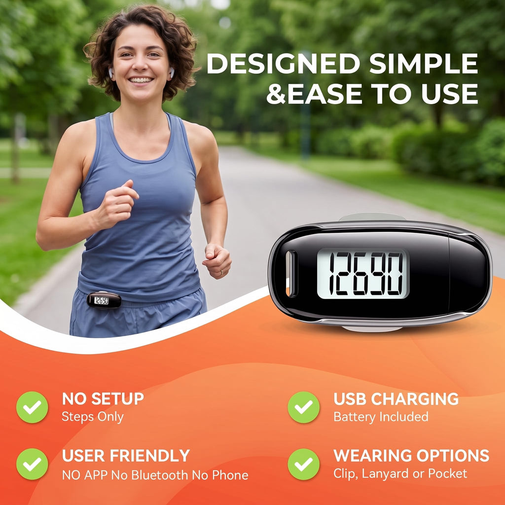 3D Pedometer for Walking, Step Counter with Backlight & USB Charge