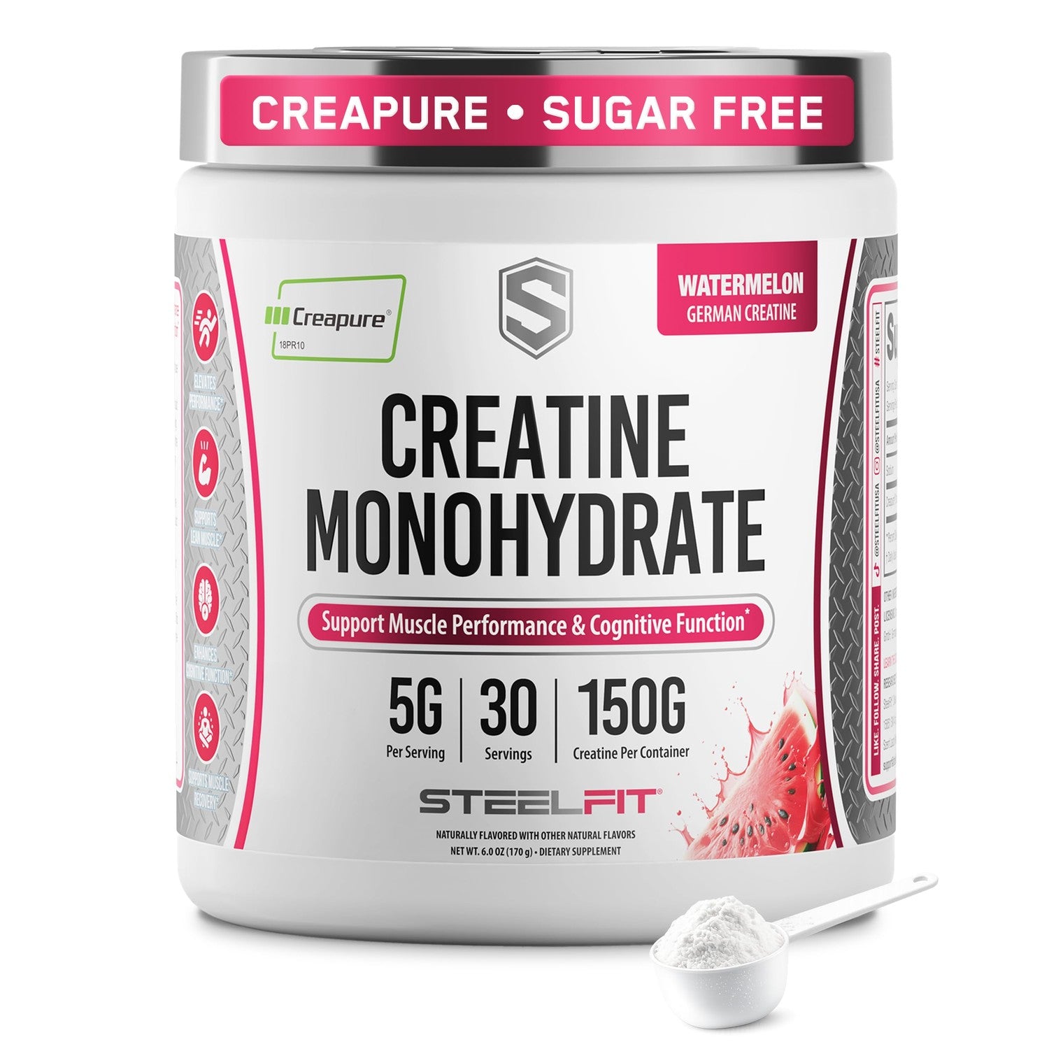 SteelFit Creapure Pure Creatine Monohydrate Powder, Watermelon, 30 Servings | Flavored Creatine Gym Workout Supplements for Lean Muscle Gain, Brain Health, & Strength Building - For Men & Women