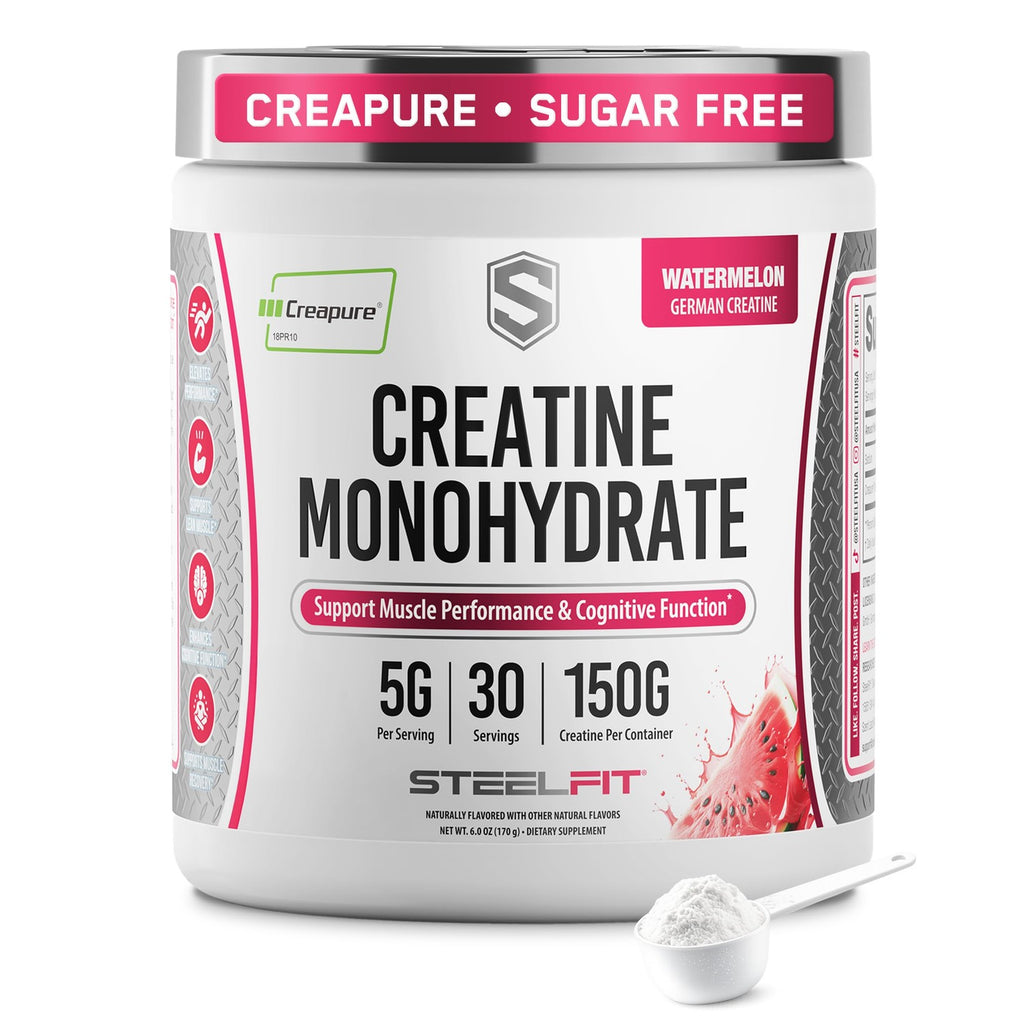 SteelFit Creapure Pure Creatine Monohydrate Powder, Watermelon, 30 Servings | Flavored Creatine Gym Workout Supplements for Lean Muscle Gain, Brain Health, & Strength Building - For Men & Women