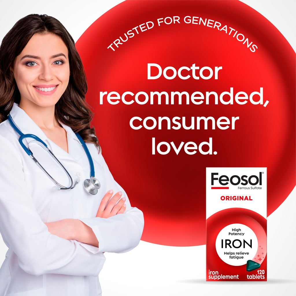 Feosol Original Iron Supplement Tablets, Non-heme, 65mg Iron per Pill, 1 Per Day, 120ct, 4 Month Supply, for Energy and Immune System Support, Made in USA | Iron supplements for energy and immune system support, small coated ferrous sulfate tablets