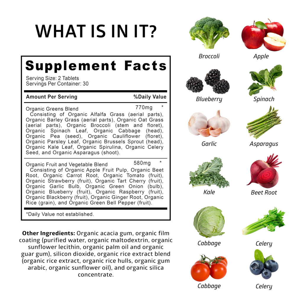 Number One Nutrition USDA Organic and Easy-to-Take Super Greens, Better Than Powder Fruits & Veggies Supplement with 28 Superfood Ingredients Like Alfalfa, Beet Root and Ginger, 120 Tablets