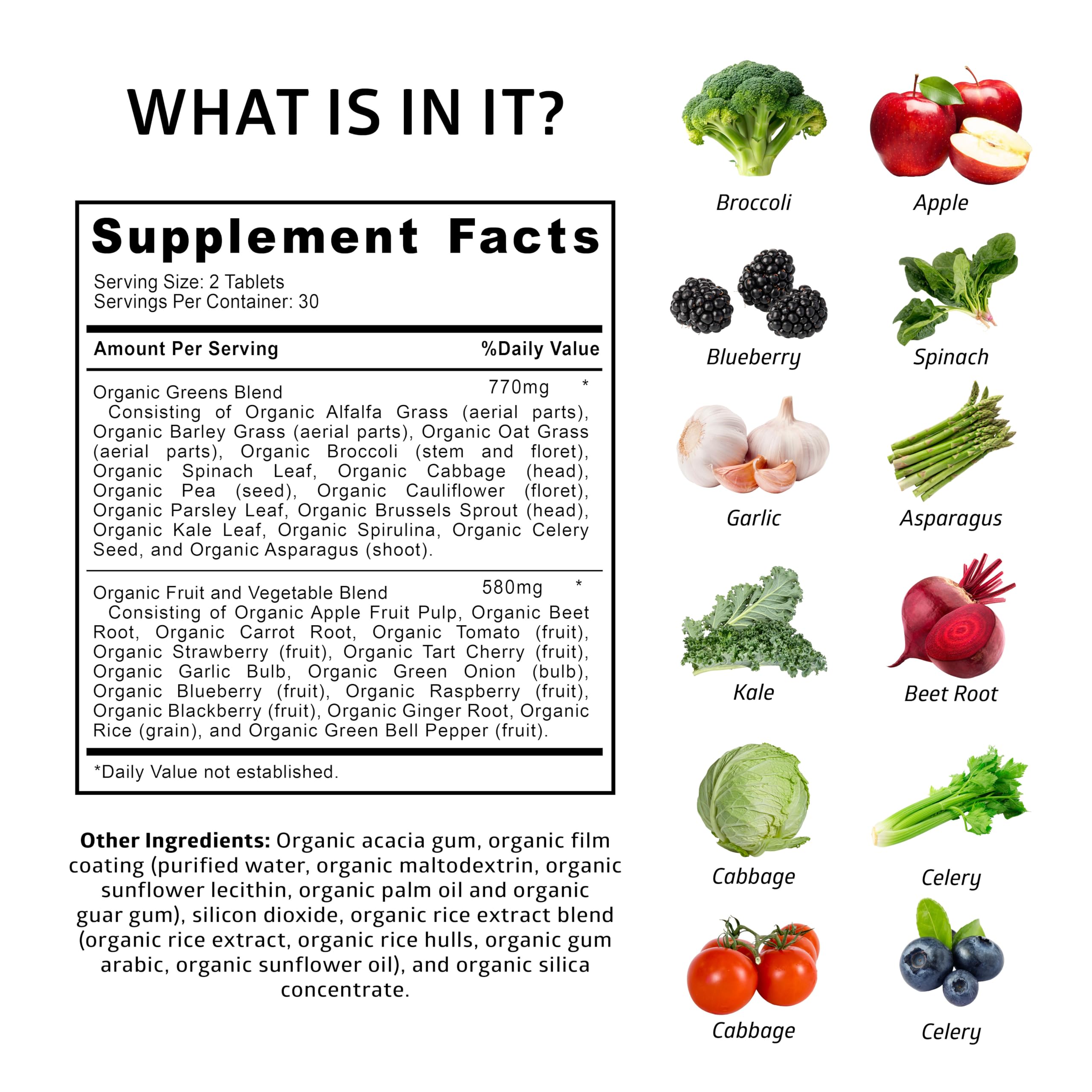 Number One Nutrition USDA Organic and Easy-to-Take Super Greens, Better Than Powder Fruits & Veggies Supplement with 28 Superfood Ingredients Like Alfalfa, Beet Root and Ginger, 120 Tablets